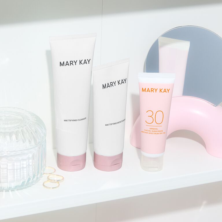 Mary Kay Mattifying Cleanser, Moisturizer, and Mineral Facial Sunscreen SPF 30.